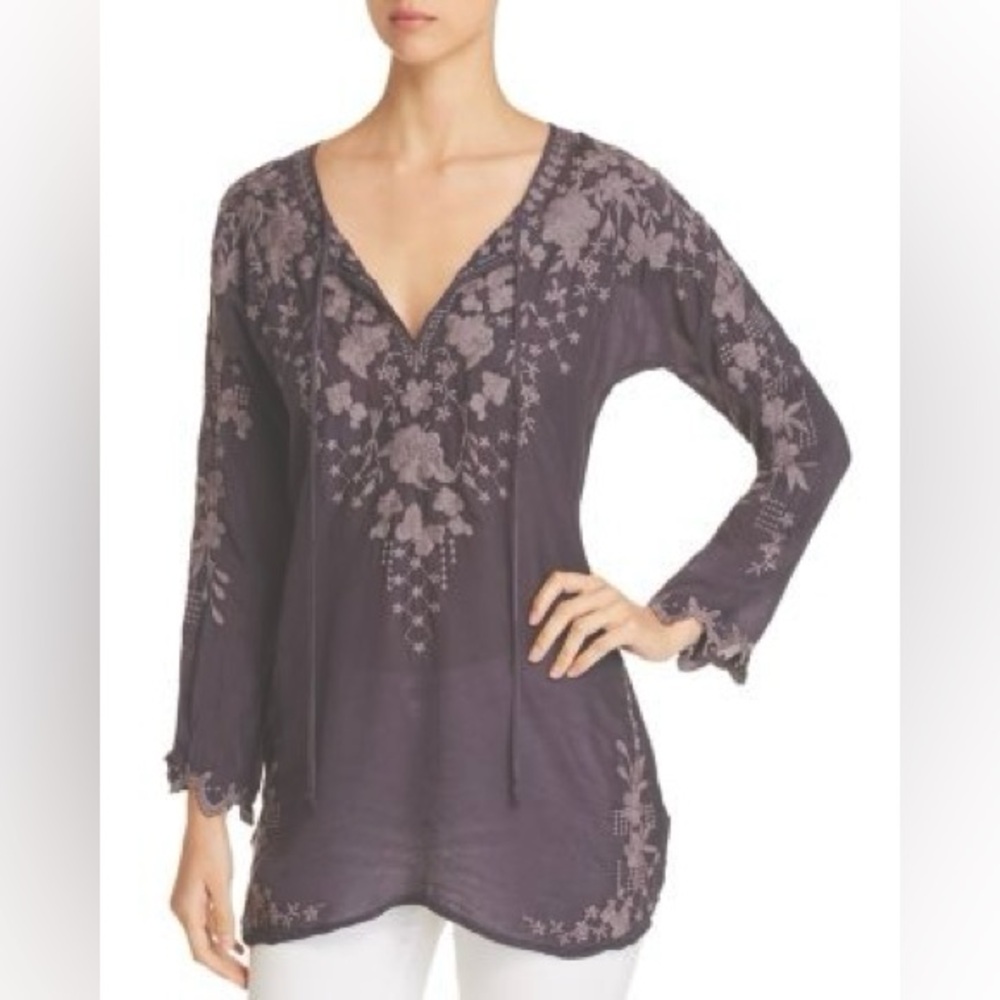 Johnny Was dusty navy blue Embroidered floral butterfly V-Neck Tunic Top small